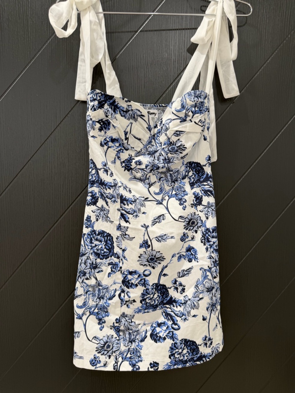 White & Blue Floral Tie-Shoulder Mini Dress